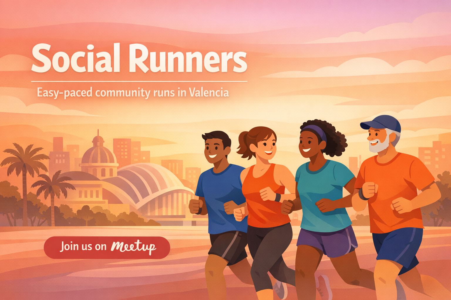 Social Runners community running together at sunset in Valencia (AI generated)